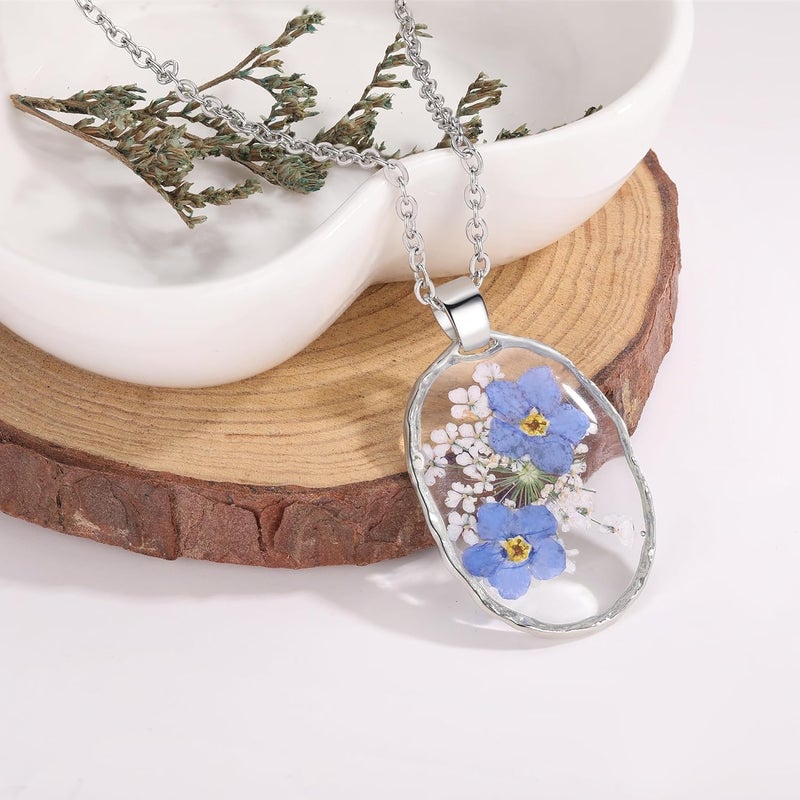AUNTESIGN Store Forget-Me-Not and Queen Anne's Lace Pressed Wildflower Necklace | Birth Month Real Flower Necklace | Gold/Silver Pressed Flower Jewelry | Personalized Handmade Jewelry - Image 1